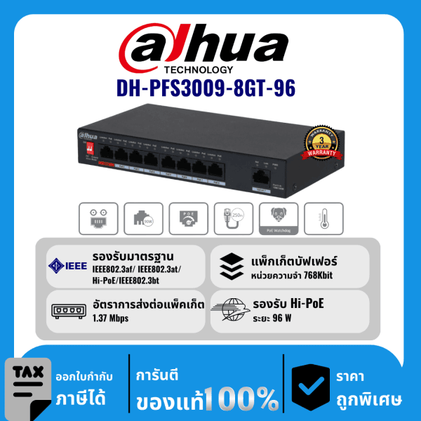 Dahua สวิตช์ 9 พอร์ตพร้อม PoE 8 พอร์ต รุ่น DH-PFS3009-8GT-96