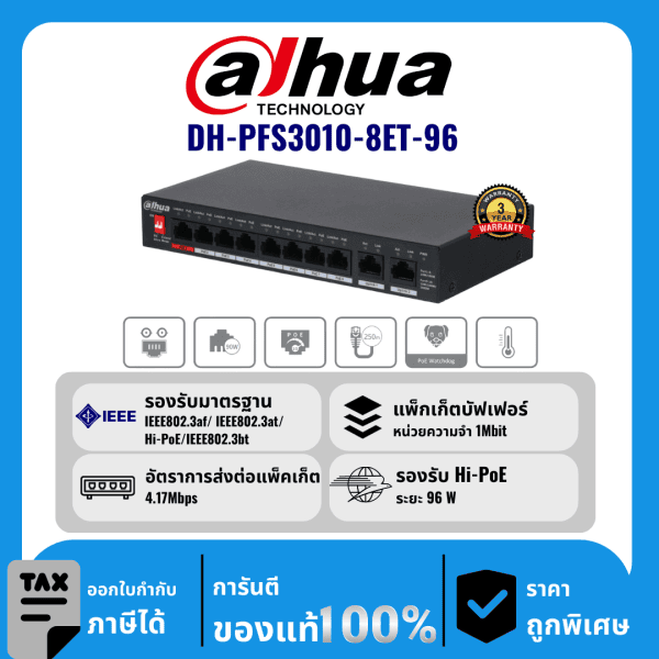 Dahua สวิตช์ 10 พอร์ตพร้อม PoE 8 พอร์ต รุ่น DH-PFS3010-8ET-96