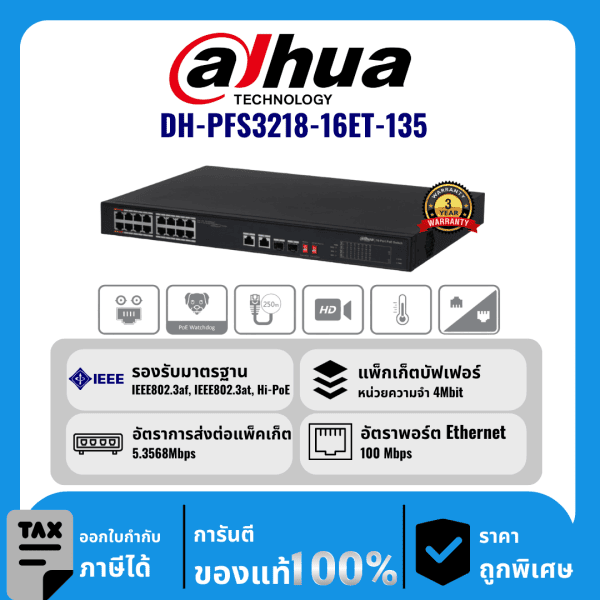 Dahua สวิตช์ 16 พอร์ต PoE รุ่น DH-PFS3218-16ET-135