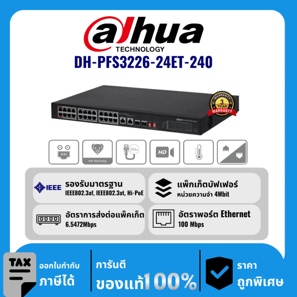 Dahua สวิตช์ 24 พอร์ต PoE รุ่น DH-PFS3226-24ET-240