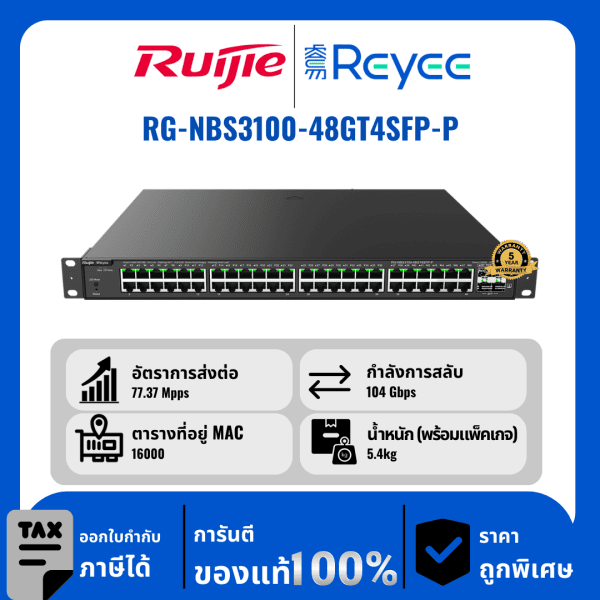 Ruijie / Reyee สวิตช์ 52 พอร์ต PoE รุ่น RG-NBS3100-48GT4SFP-P