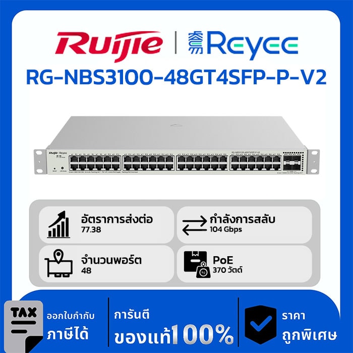 Ruijie / Reyee สวิตช์ 48 พอร์ต รุ่น RG-NBS3100-48GT4SFP-P-V2 พร้อมการจัดการผ่านระบบคลาวด์ และพอร์ตอัปลิงก์ 1G จำนวน 4 พอร์ต