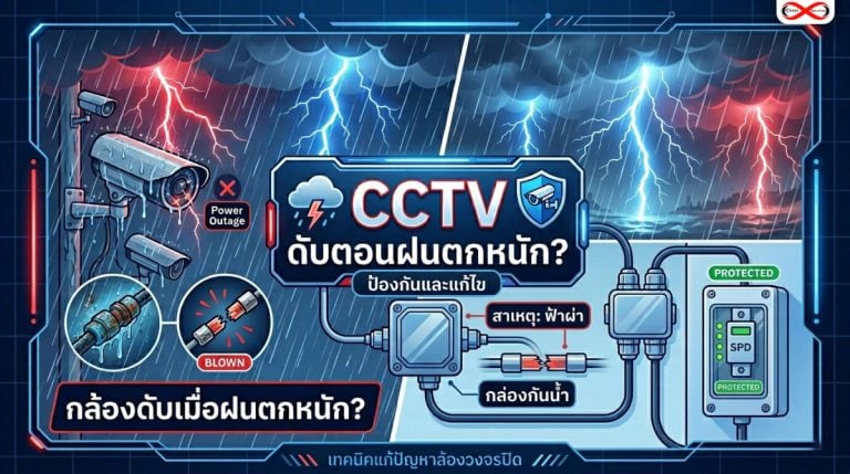 กล้องวงจรปิดดับตอนฝนตกหนัก? วิธีป้องกันและแก้ไขปัญหาน้ำเข้าสาย/ฟิวส์ขาดจากฟ้าผ่า
